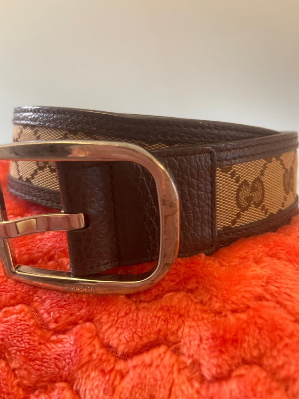 Gucci Brown and Tan GG Canvas Belt with Silver Buckle